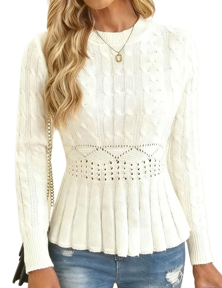 Kinghua Peplum Sweater for Women Fall Winter Trendy Outfits Waist Cable Knit Pullover Sweaters Tops