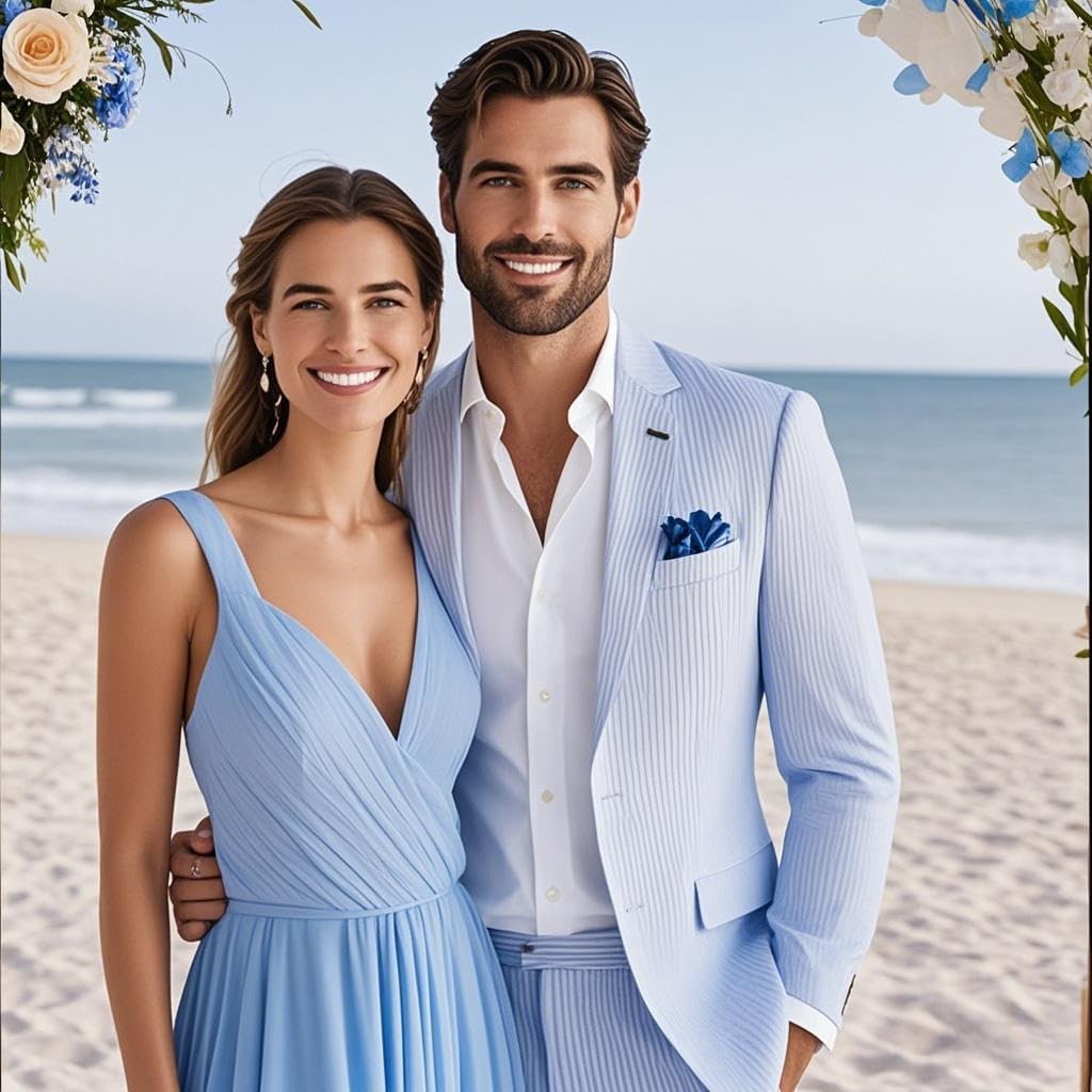 Mens 2-Piece Suits Summer Seersucker Tuxedos Big and Tall Suits Wedding Stylish Comfortable
