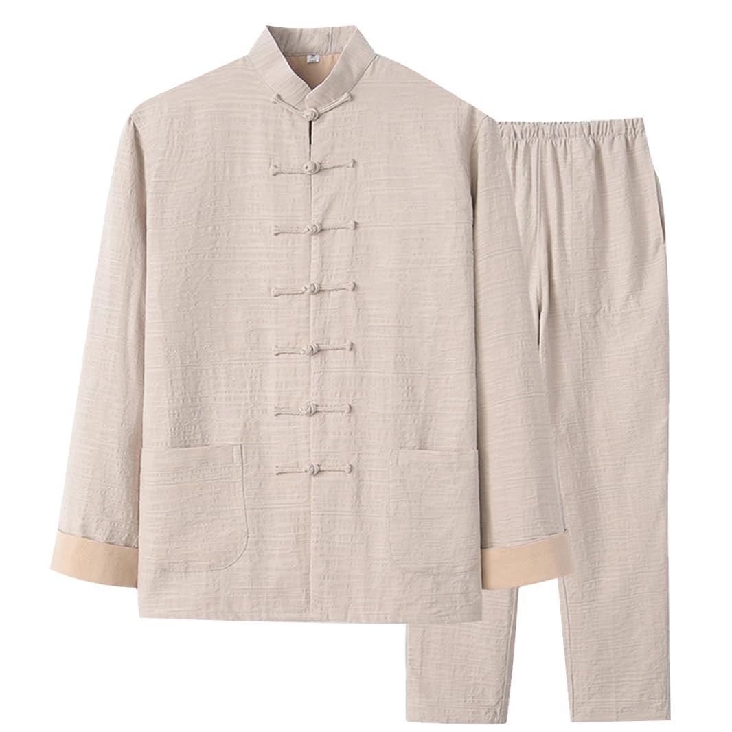 Kung Fu Martial Arts Suit - Cinese Cinese Tradizionale Jacquard Tang Uniforms Kung Fu Uniforms Cotton Linen Tai Chi Pants Pants Long Manpeved Coat Zen Meditation Uni Beige-4XL