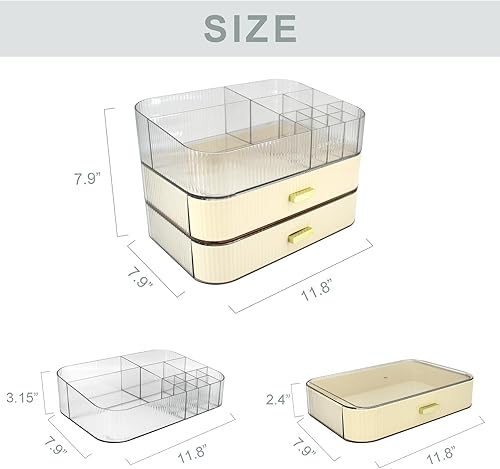 Miniatura 4 de Organizador de maquillaje con 2 cajones, organizador de cosméticos para encimeras de tocador de dormitorio y baño, caja de almacenamiento de
