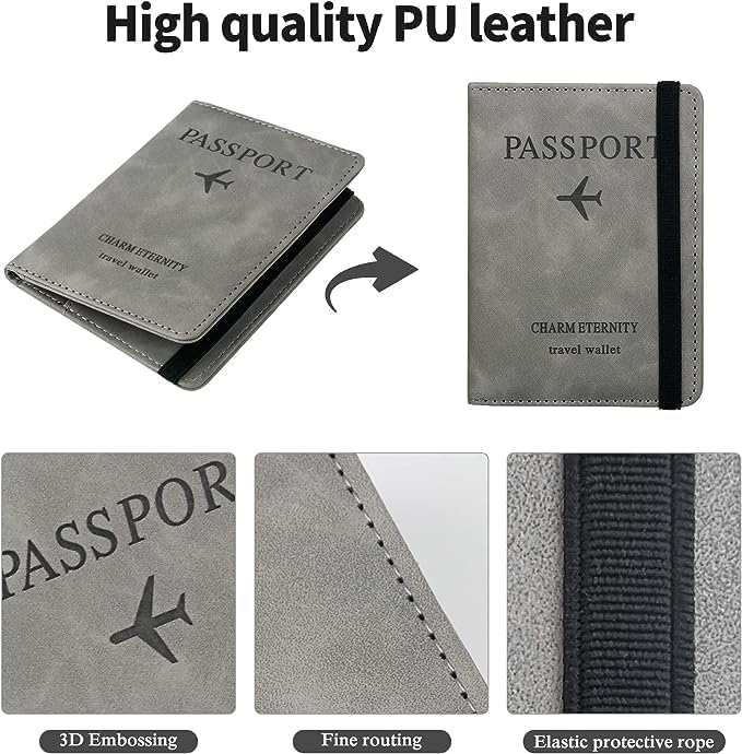 Image of PU Leather Passport Holder Travel Wallet Organiser for Men & Women | 4 Card Slots 2 SIM Slots Money Case | Travel Document Case Cover Passport Pouch Slim Unisex Gift - Grey