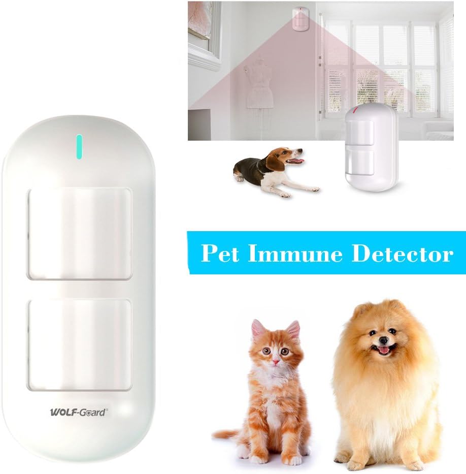 Image of a pet-immune motion detector with illustrations of a dog and cat, indicating its ability to ignore small pets.