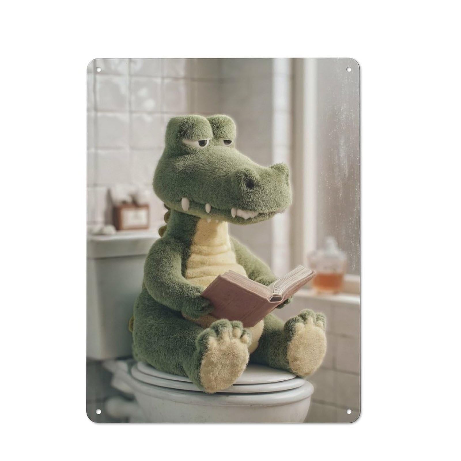 Junmoney Style-2 40X30cm Rustic Tin Sign With Crocodile Plush Reading On Toilet For Home Office Or Studio, For Metal Sign Collectors, For Garage And Workshop Walls