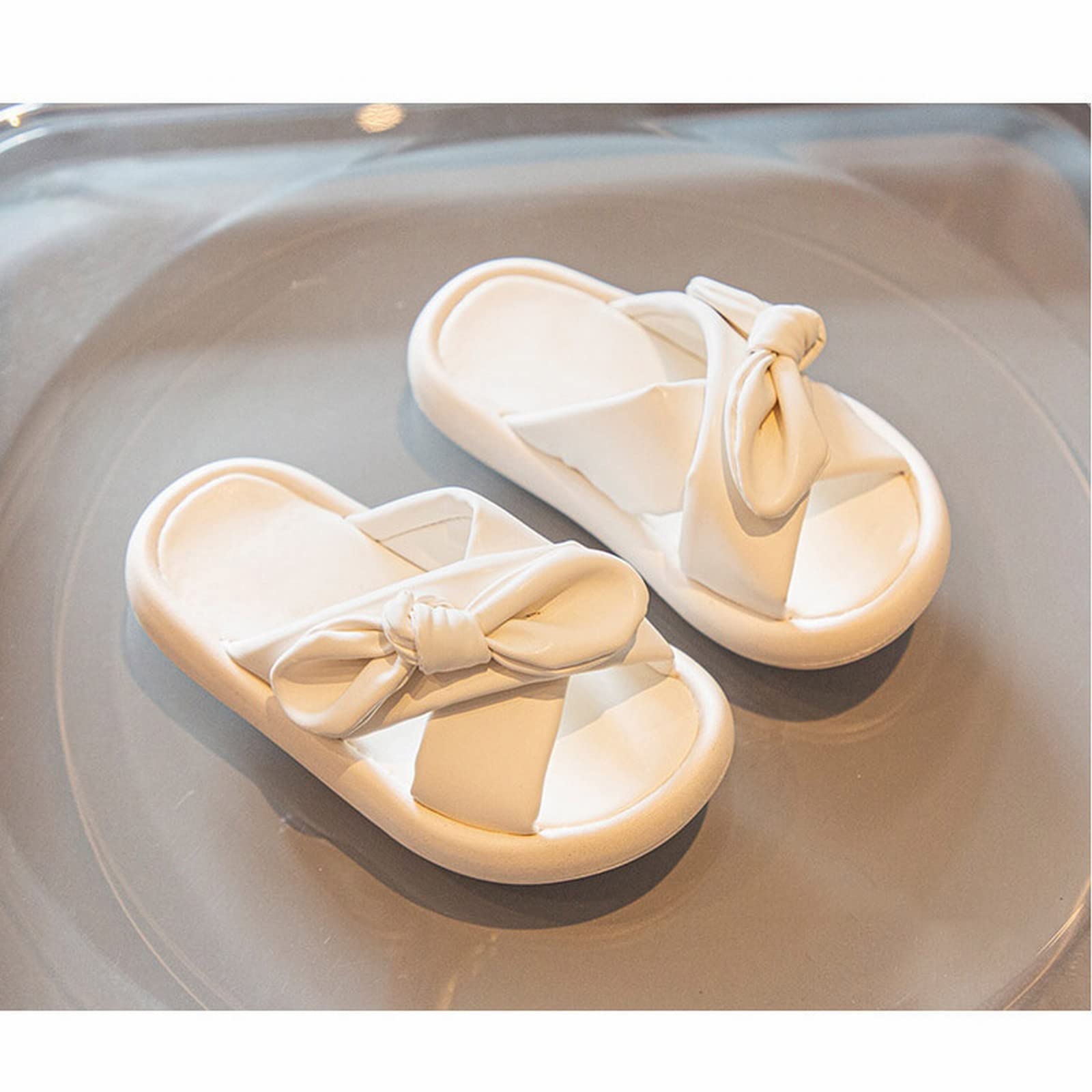Girl's CrossBand Design Slippers Soft Cute Bow Slippers Cozy Open Toe Home Shoes Comfy Summer (Beige, 10.5 Little Child)