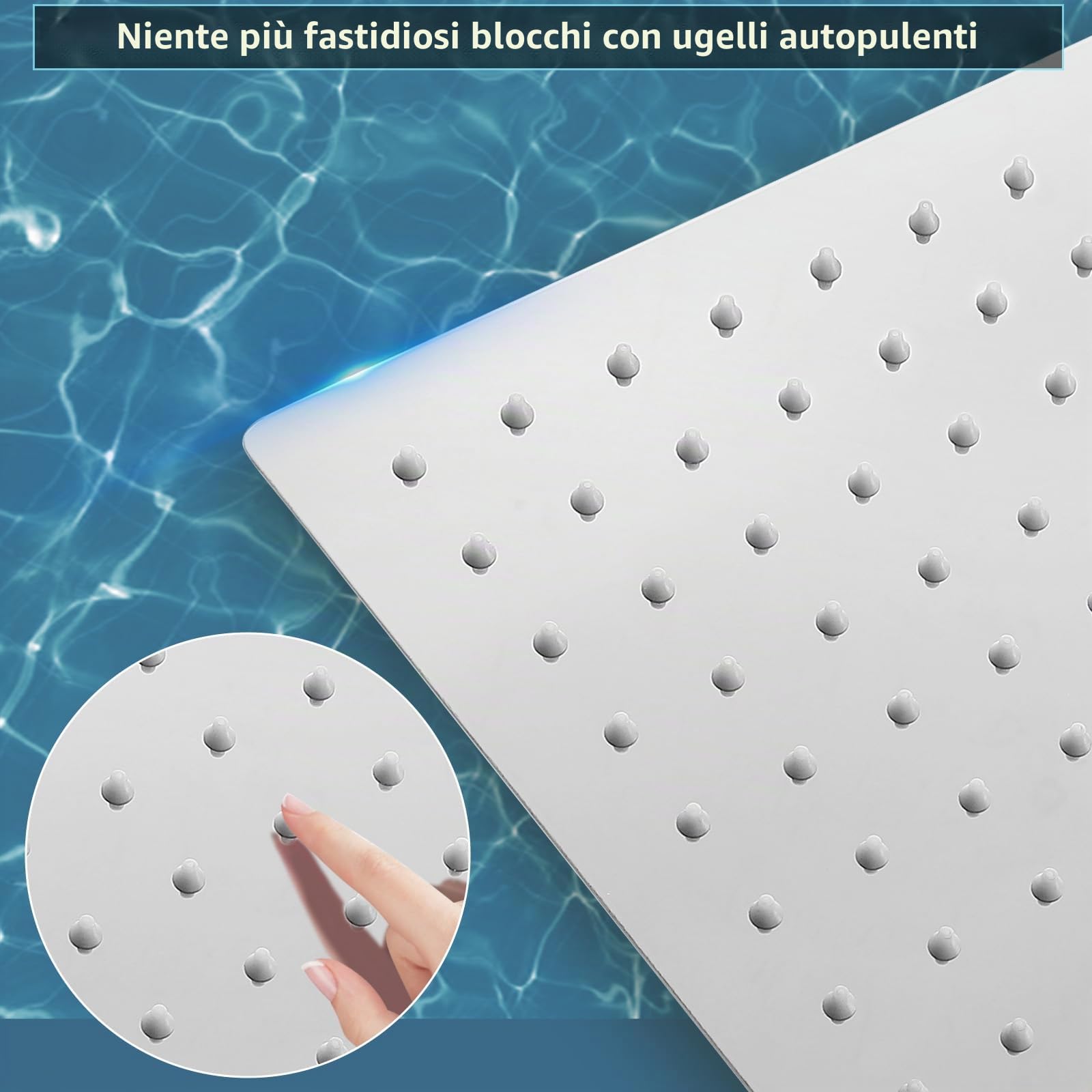 Soffione doccia a pioggia extra large, 40 x 30 cm, rettangolare, in acciaio inox, ad alto flusso, copertura a cascata, finitura di lusso per il bagno (cromato)