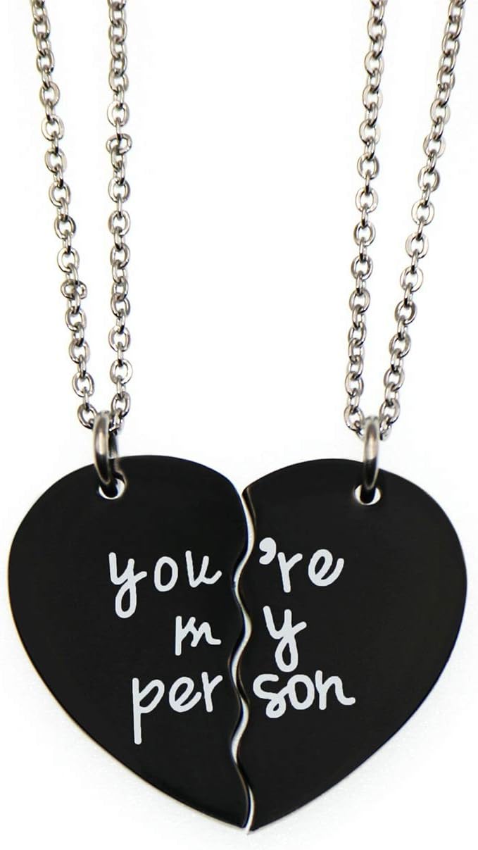 You're My Person Broken Two Half Heart Pendant Necklace Lover Couples Best Friends BFF Necklaces Gifts for 2 Black