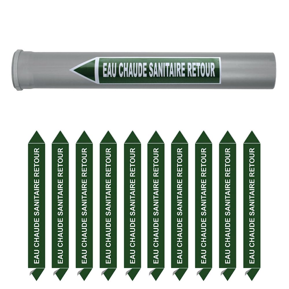 Planche de 10 marqueurs de tuyauterie EAU (Ø DM 32 à 80) pour fluide EAU CHAUDE SANITAIRE RETOUR / 284 x 37mm