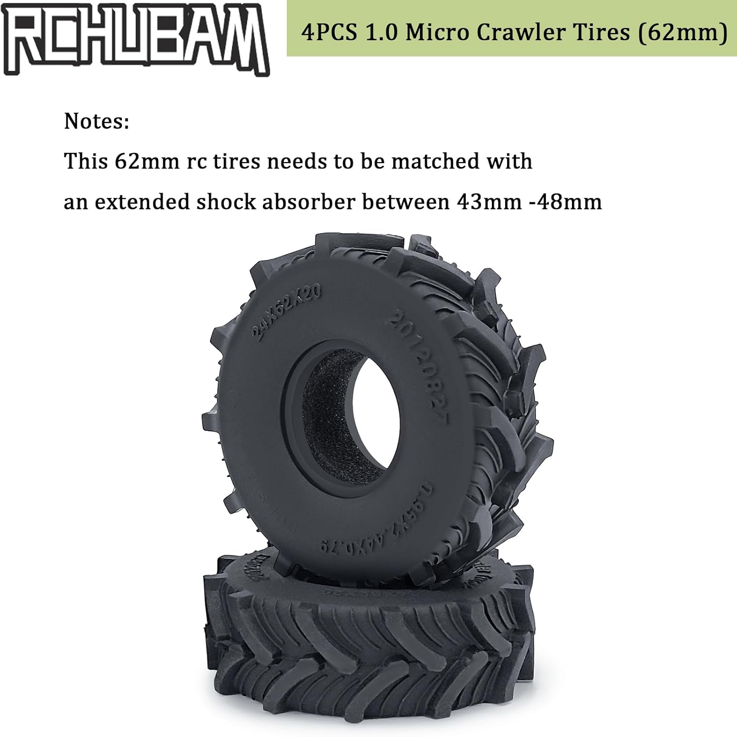 RCHUBAM 4PCS 1.0" Micro Crawler Tires Rubber Mud Tires for 1/18 TRX4M 1/24 Axial SCX24 90081 AXI00001 AXI00002 AXI00005 AXI00006 RC Crawler Car (62mm)
