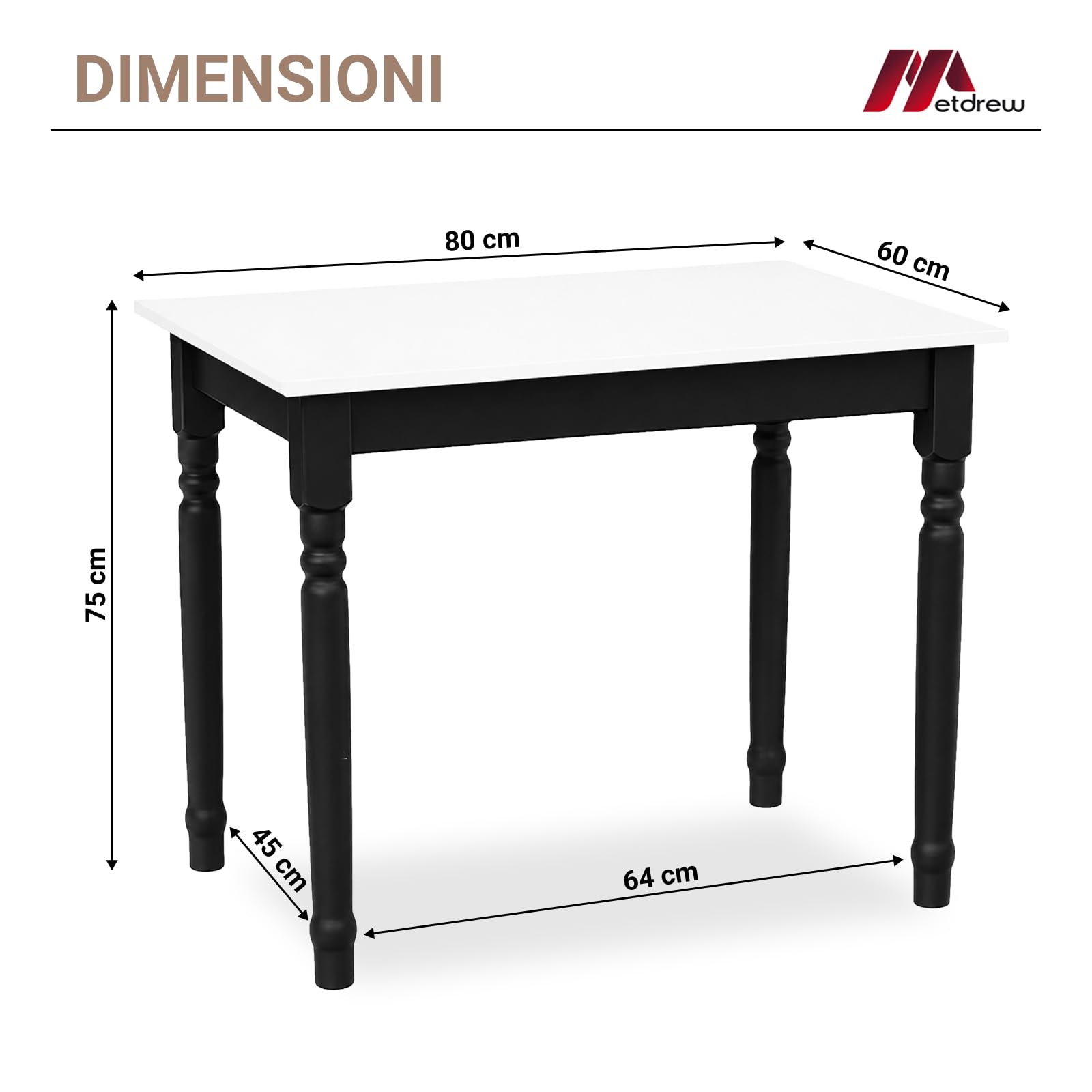Tavolo da Pranzo in Legno 80x60 cm per 2 Persone - Tavolo Cucina Piccolo Stile Scandinavo - Pino - Piano Bianco