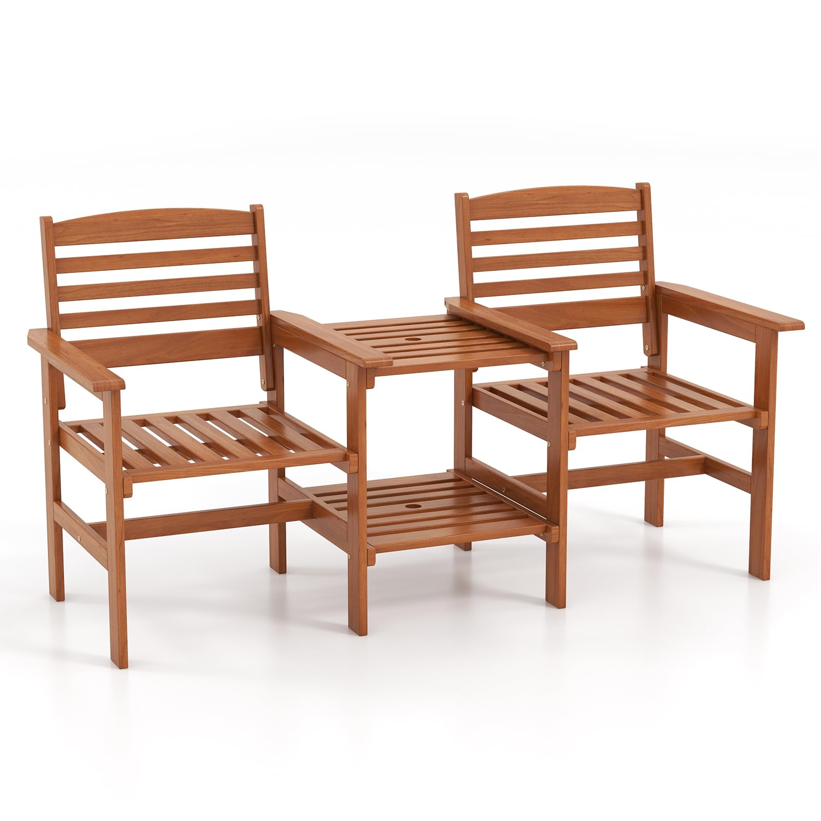 GOPLUS Gartenbank mit Tisch, 2-Sitzer Holzbank mit Schirmloch, Balkonbank aus Hartholz, Sitzbank Outdoor Sitzgarnitur, für Balkon, Garten & Veranda, 159,5 x 61,5 x 88 cm