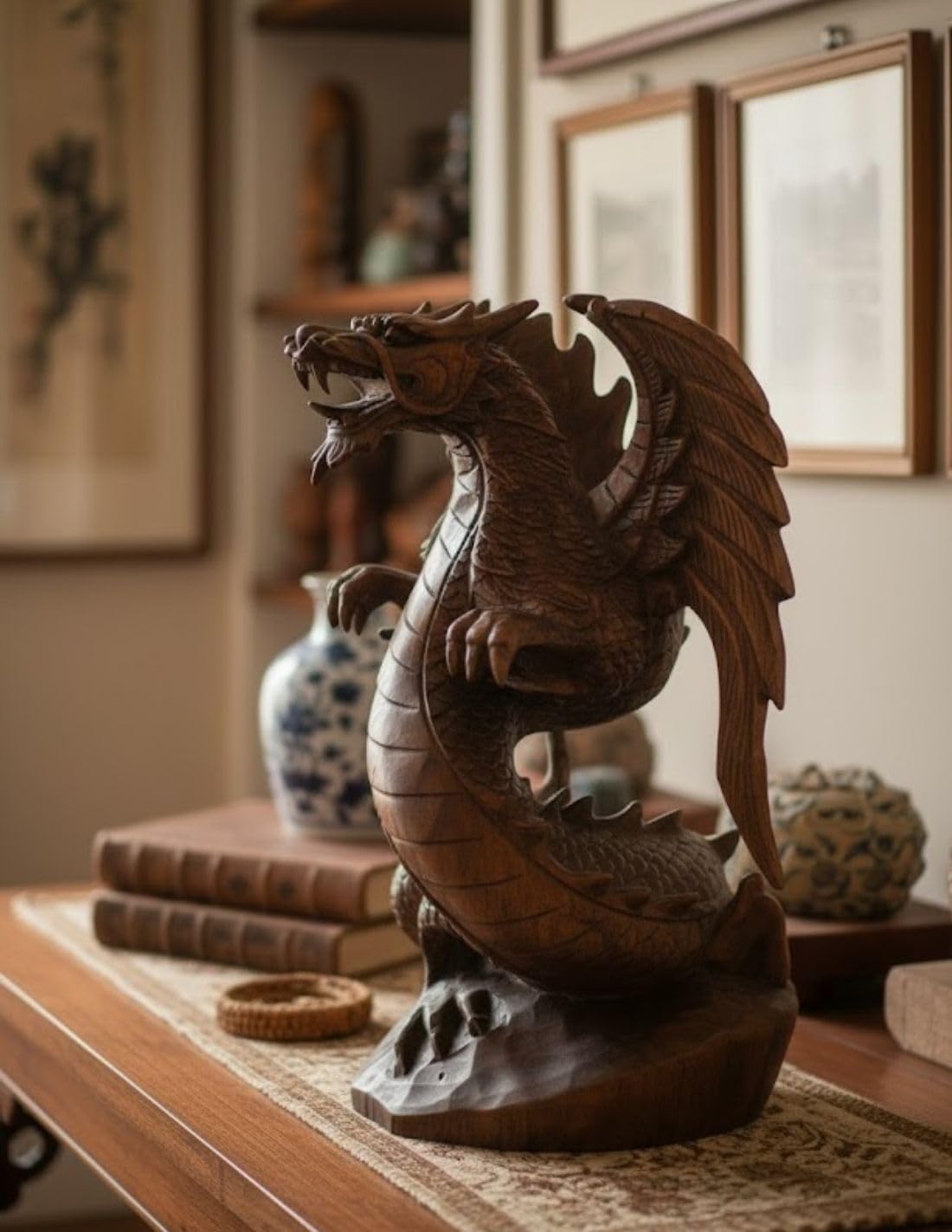 Statue Dragon Ailé en Bois sculpté Main 30cm