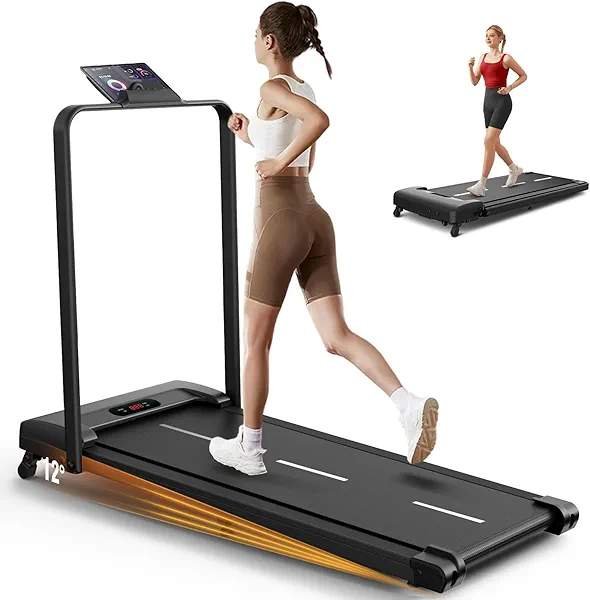 ANCHEER Treadmill with Handle Bar, 3.0 HP Foldable Walking pad with 12% Incline, 320 lbs Capacity-Portable Under Desk Folding Treadmills for Home Small with Widened Belt/Remote Control (Dark Black)