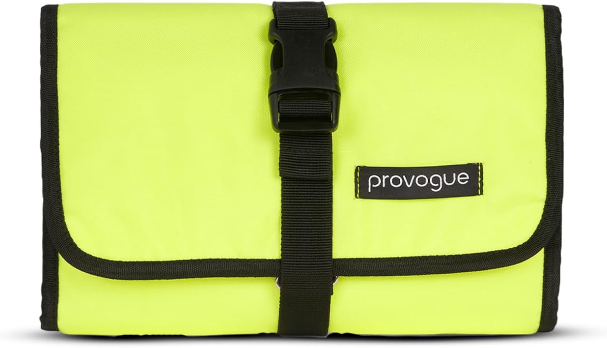 Provogue Trifold Toiletry Kit for Men and Women, Polyester Cosmetic kit, Travel Organiser Pouch with Foldable Design and Buckle Closure, Travel Accessory for Men and Women, Glow Lime