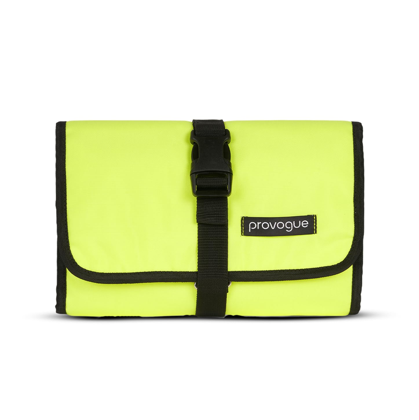 trifold toiletry kit for men and women, polyester cosmetic kit, travel organiser pouch with foldable design and buckle closure, travel accessory for men and women, glow lime