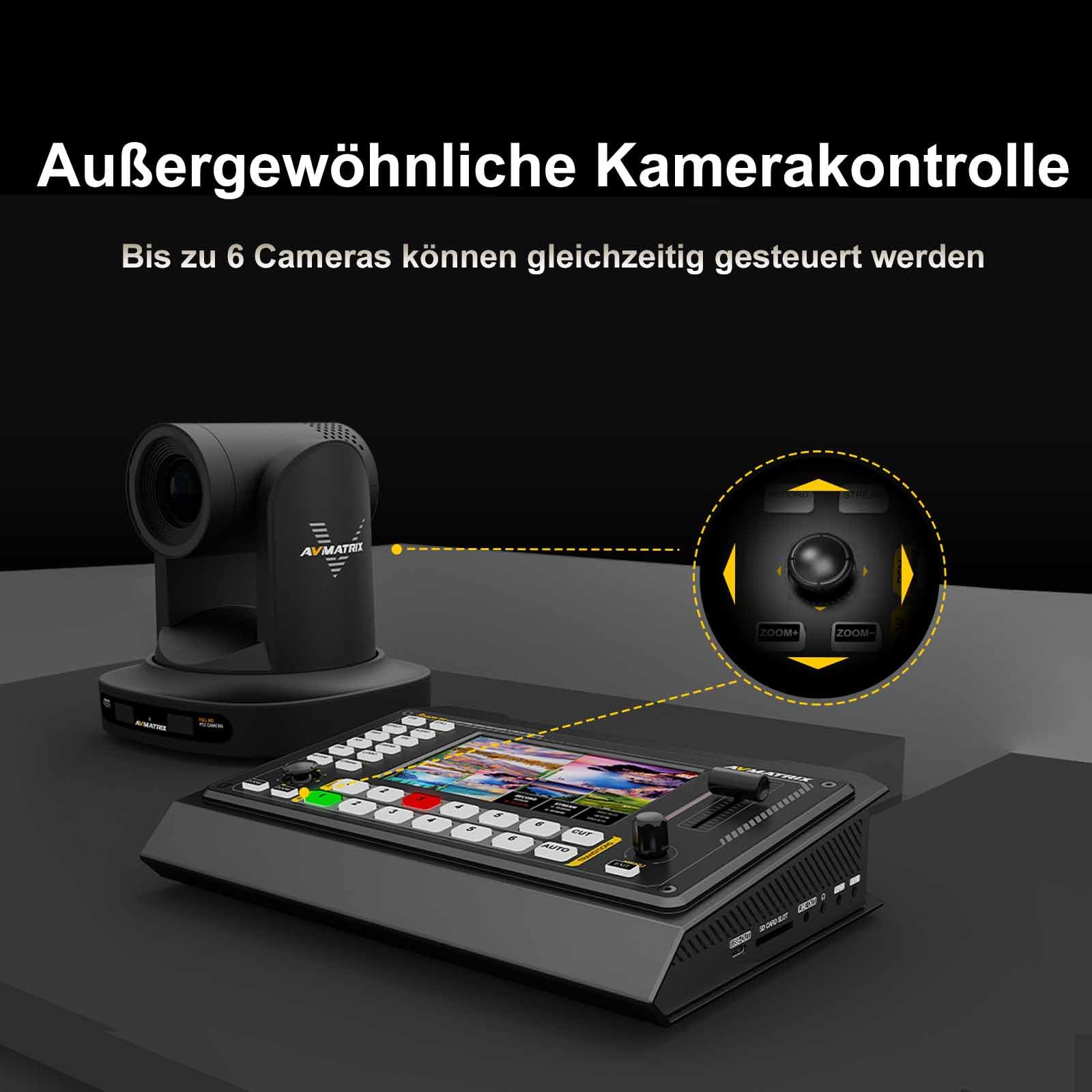 AVMATRIX Shark S6 5-Zoll-Bildschirm Multi-Kamera-Videomischer, SDI/HDMI-Eingänge, USB- und SD-Karten-Aufnahme, Ethernet- und USB-Ausgänge für Echtzeit-Live-Streaming, Bequeme PTZ-Steuerung