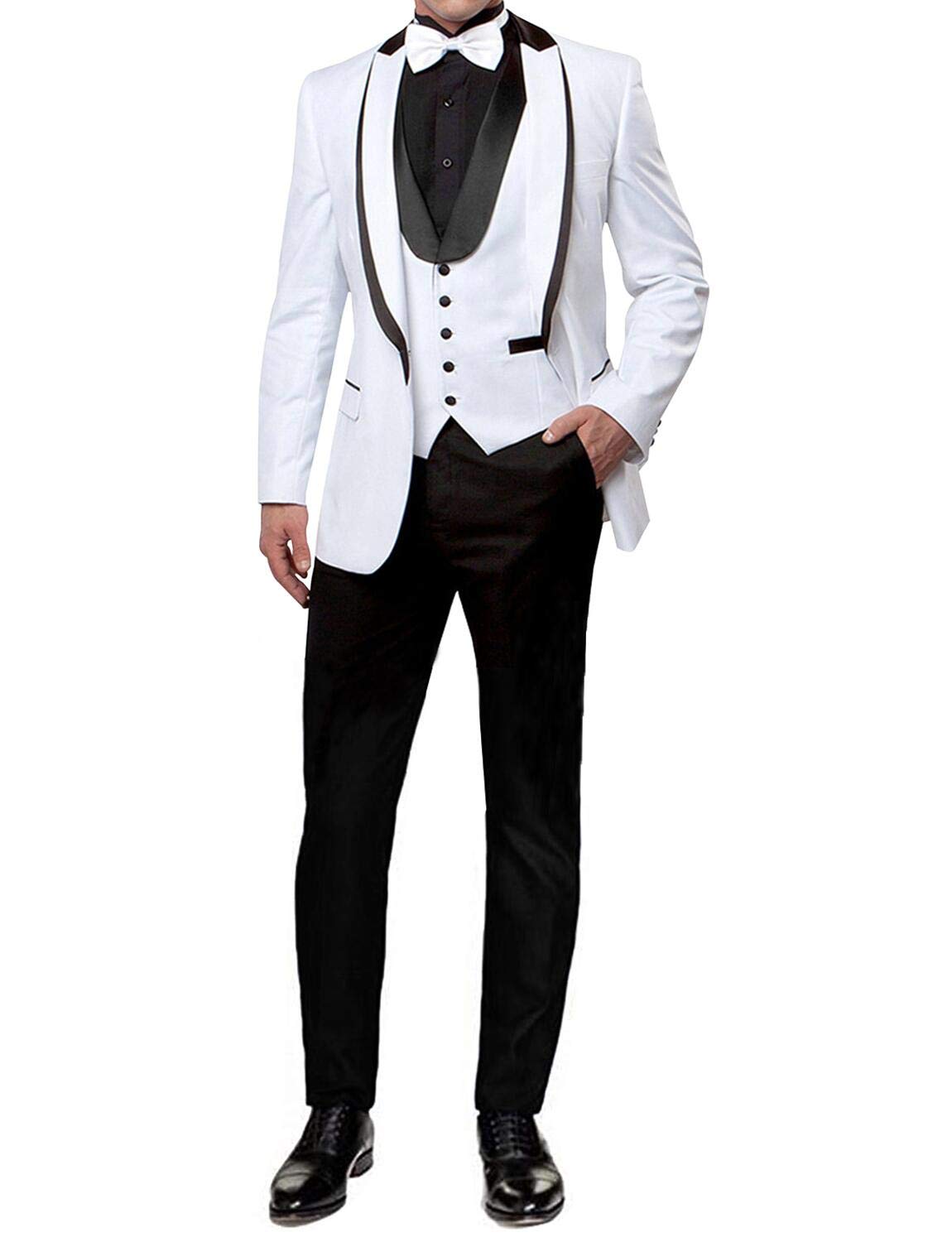 Men's Slim Fit Tuxedo White One Button Shawl Lapel Jacket vest Pants