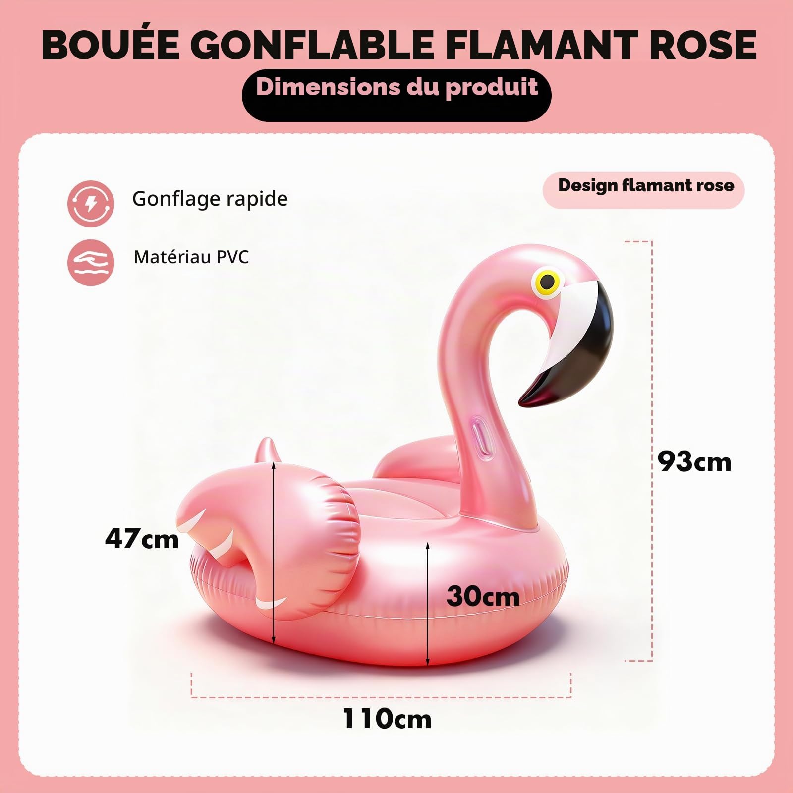 Flotteur de Piscine en Forme de Flamant pour Adultes, 110 × 93 cm Bouée de Natation Flamant Matelas Gonflable en PVC, Poids Maximal de 90 kg pour Estivaux, Rose