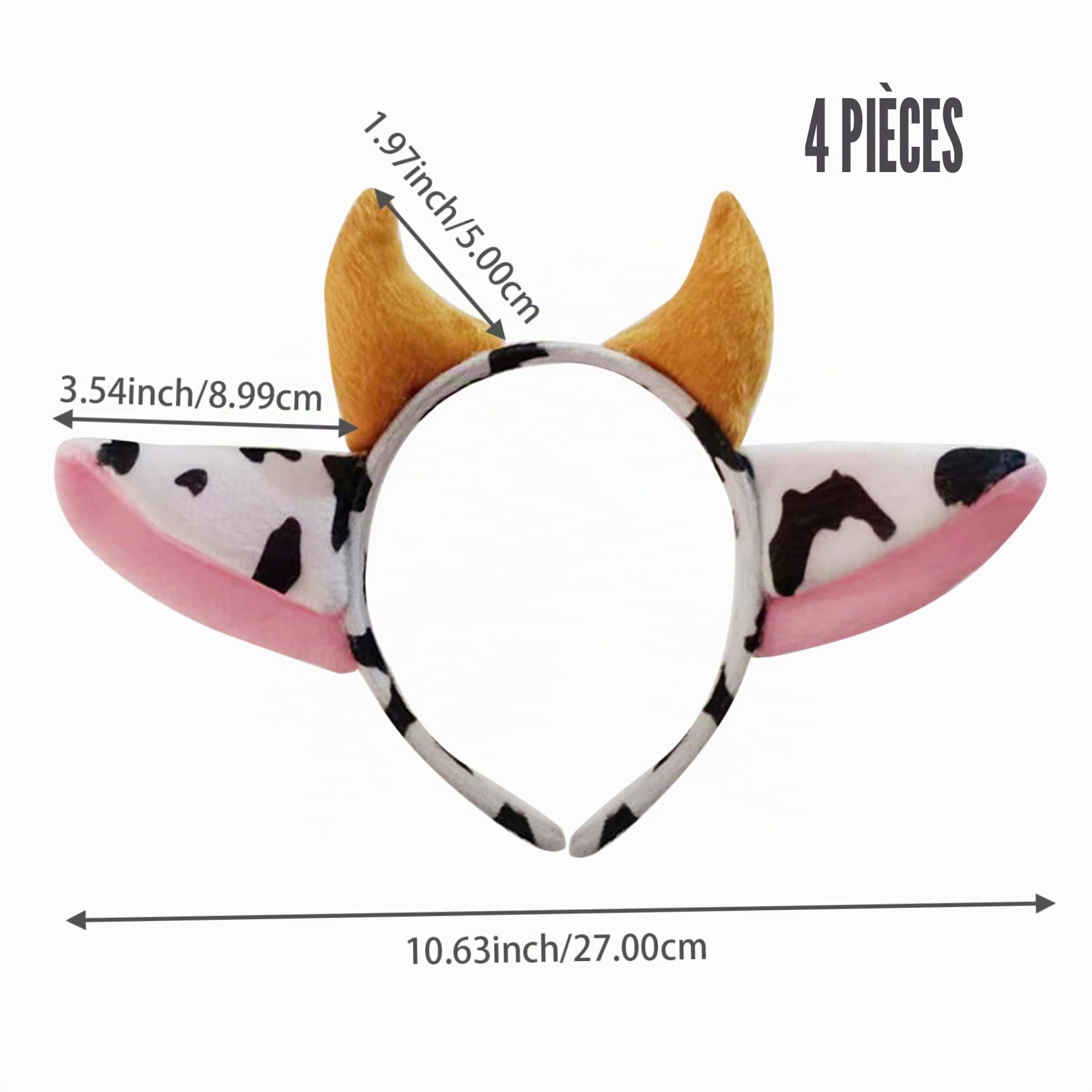 Lot De 4 Serre-Têtes En Forme D'oreilles De Vache Pour Adulte - En Peluche Douce - Oreilles De Vache Mignonnes Et Cornes - Accessoires De Costume Pour Filles Et Femmes - Déguisement De Fête