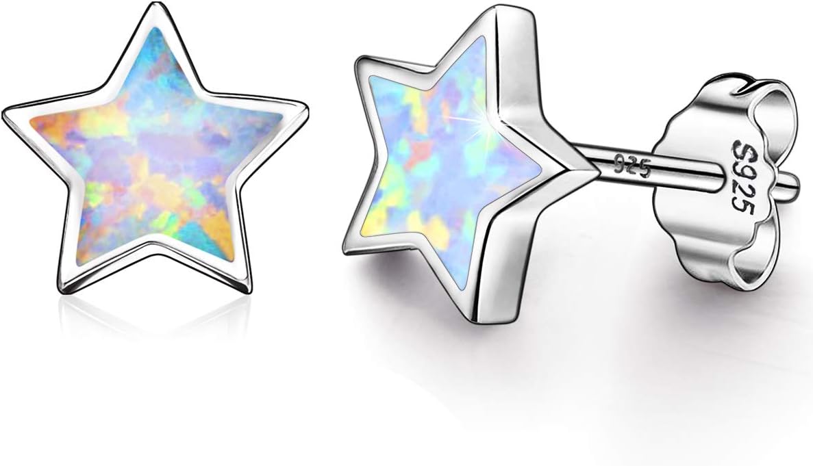 Gold Star Earrings for Girls, Hypoallergenic Fire Opal Stud Earrings For Women ARSKRO S925 Sterling Sliver Little Small Tiny Cute Earring Jewelry Gifts for Sensitive Ears Toddlers Kids