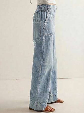 Women's Wide Leg Jeans Baggy Low Mid Rise Pull On Denim Pants Y2k | Trendy Boho Pants, Full Length, Elastic Waist, Soft, Loose Baggy, 100% Cotton, Oversized Pockets, Fashion Clothing