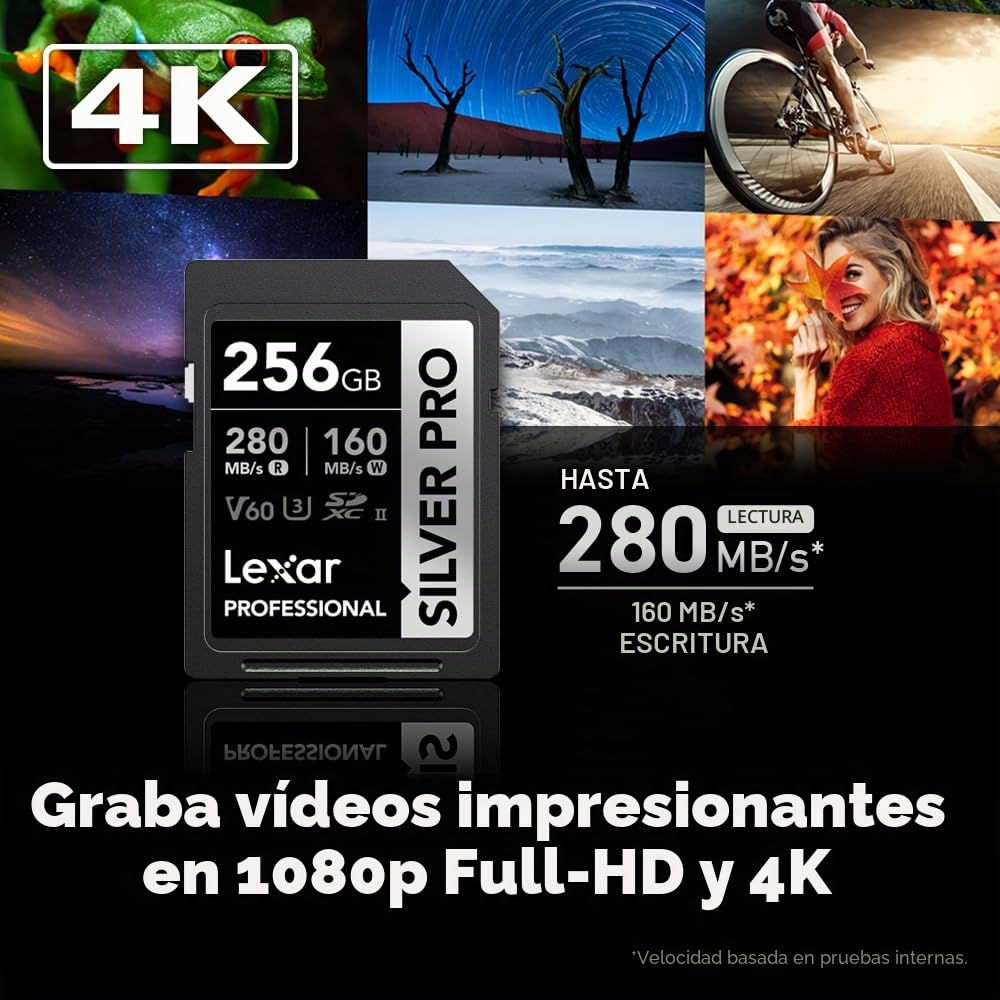 Lexar Tarjeta SD Profesional Silver Pro de 256 GB, UHS-II, C10, U3, V60, Full HD, 4K, Tarjeta de Memoria SDXC de Lectura de hasta 280 MB/s, para fotógrafos Profesionales, videógrafos, entusiastas