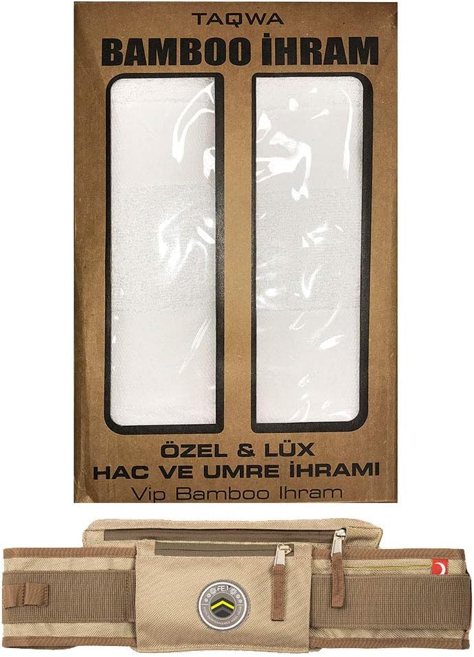 ModefaIslamic Men's Ihram Set for Hajj Umrah - Set of 2 - Viscose from Bamboo + Cotton Towels 110 x 220cm (Fej Gear Belt Combo Set)