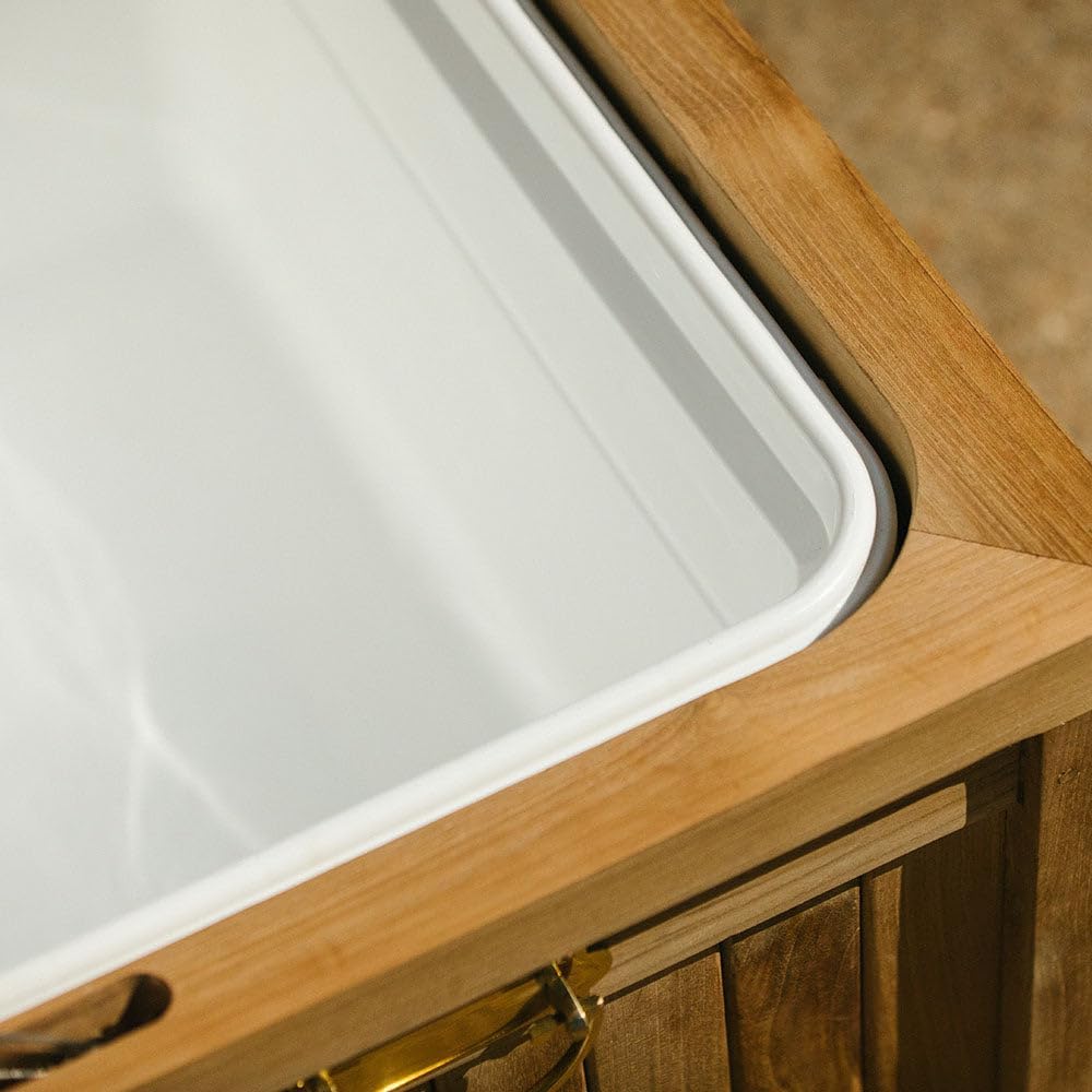 Ash & Ember Grade A Teak Large Ice Chest, 60 Qt Capacity Cooler, Triple-Insulated Interior with Insulated Lid, Brass Handles, Built-in Drainage Spigot, Outdoor Ice Chest for Patio, Pool Accessories