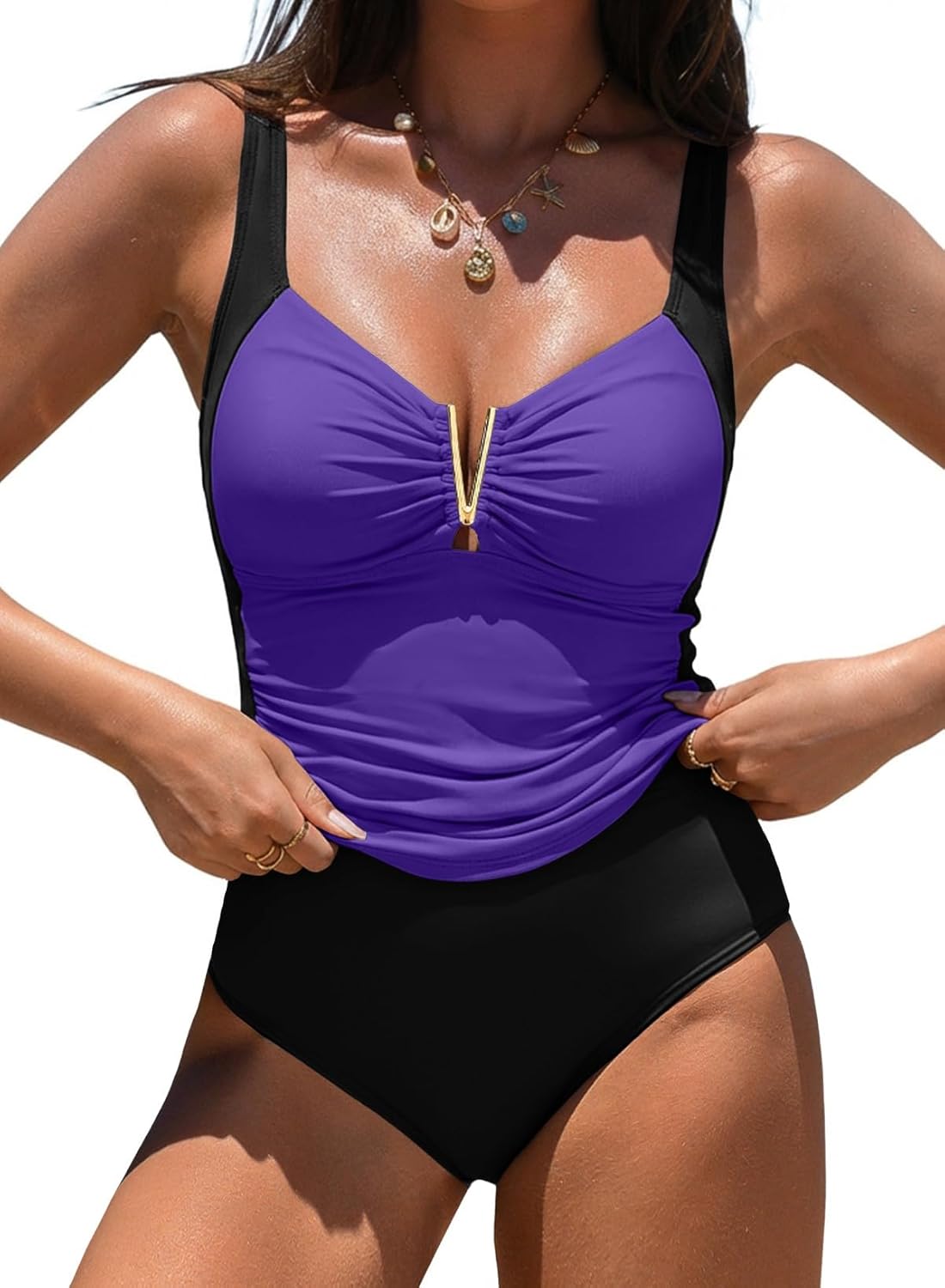 Aleumdr Women's V-Wire Tankini Sets Ruched Two Piece Swimsuit Bathing Suit Color Block Swim Tops with Bottoms