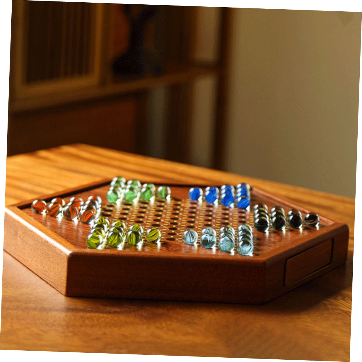 Jeu de Dames Bois Traditionnel avec Billes Jeu de Société Stratégique pour Garçon Fille et Adultes Joueurs Cadeau Ludique Familial