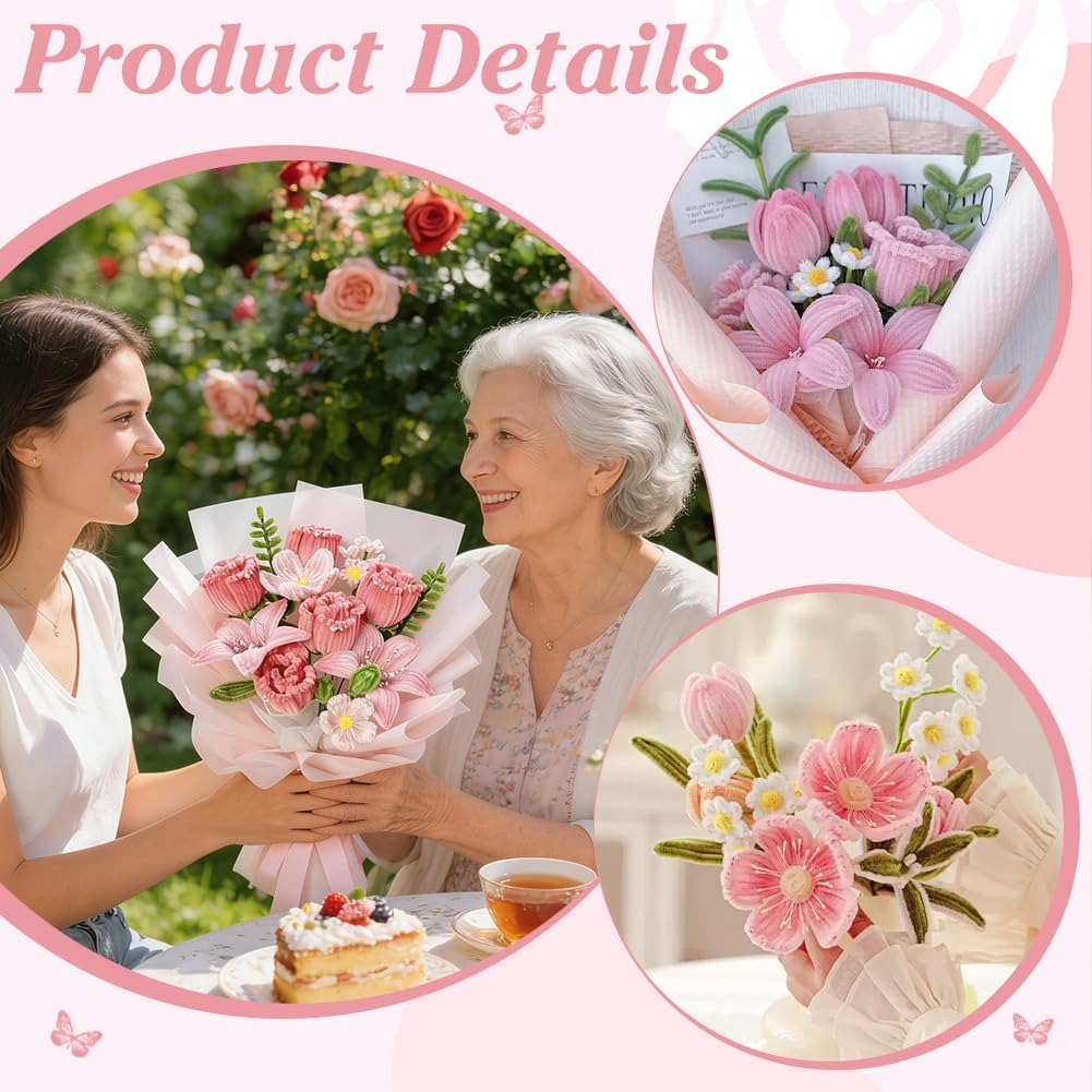 PH PandaHall 190pcs Pipe Cleaner Flower Kit Chenille Stems Crafts, Downy Pink Pipe Cleaners for DIY Flower Making Kit with Floral Wires Paper Ribbon Specification for DIY Art Projects Gift Decor