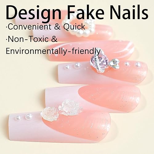 Miniatura 2 de Uñas postizas largas cuadradas MABKJLF francesas, color rosa, cobertura completa, 5D, con diseños de diamantes de imitación, uñas adhesivas