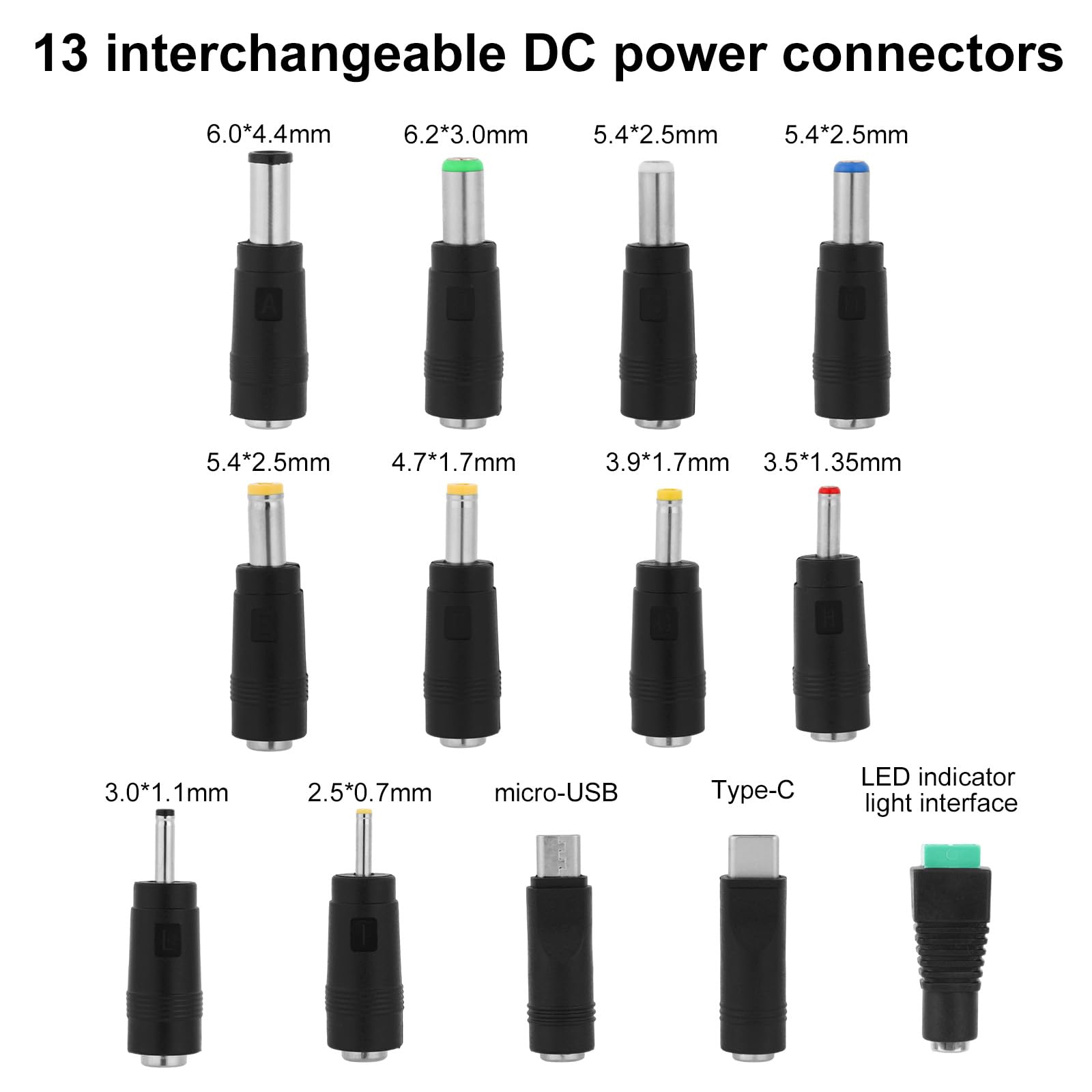 13pcs DC Adapter Plugs, Interchangeable DC Plug Connector Charger with USB Cable Electronic Device Power Charging Cord Accessories for Fan Camera Router & LED Strip — view 2