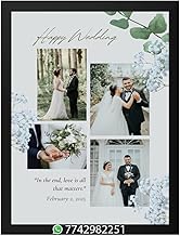 JNEX Wedding Photo Frame with Floral Design, Black Frame, 'Happy Wedding' Text, Multiple Photo Display,Personalized Wooden Engraved Photo Frame with Picture – Custom Gift for Anniversary, Birthday, Wedding, & Party!!