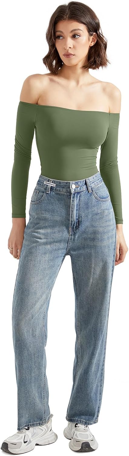 SUUKSESS Women Off the Shoulder Long Sleeve Bodysuit Double Lined Thong Bodysuit - Image 4