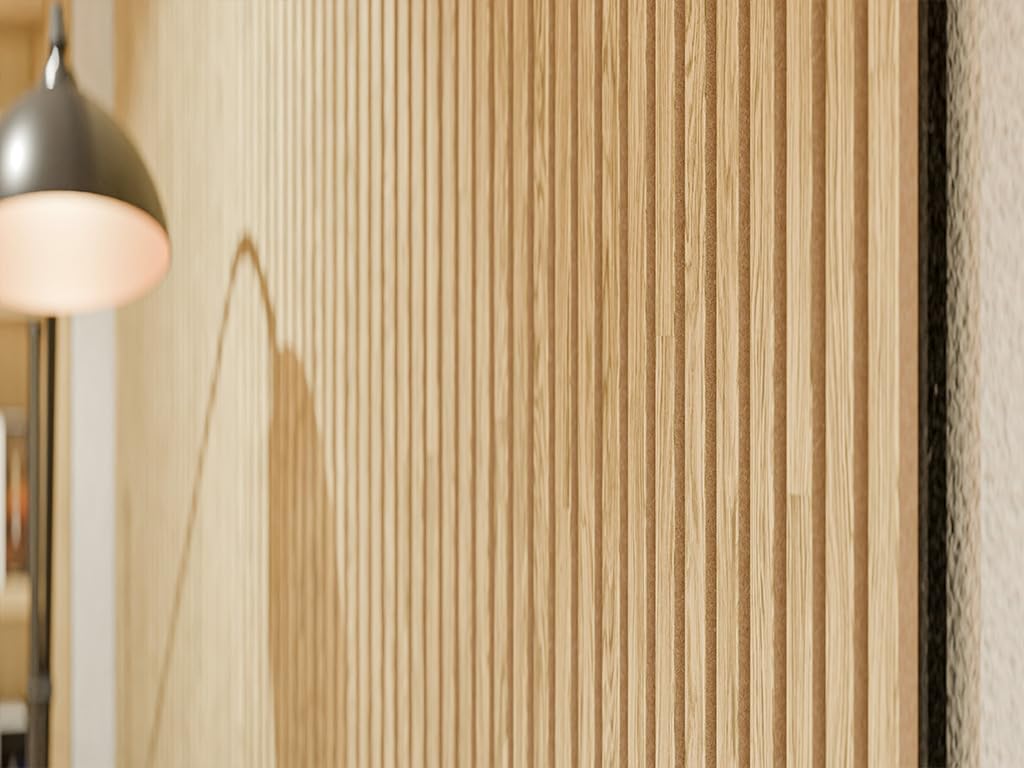 Akustikpaneele Holz 240x60 Wand Holzpanele 2er Set Wandpaneele Lamellenverkleidung Wandverkleidung aus Holzfunier Eiche Natur, Filz schwarz, geölt Oak