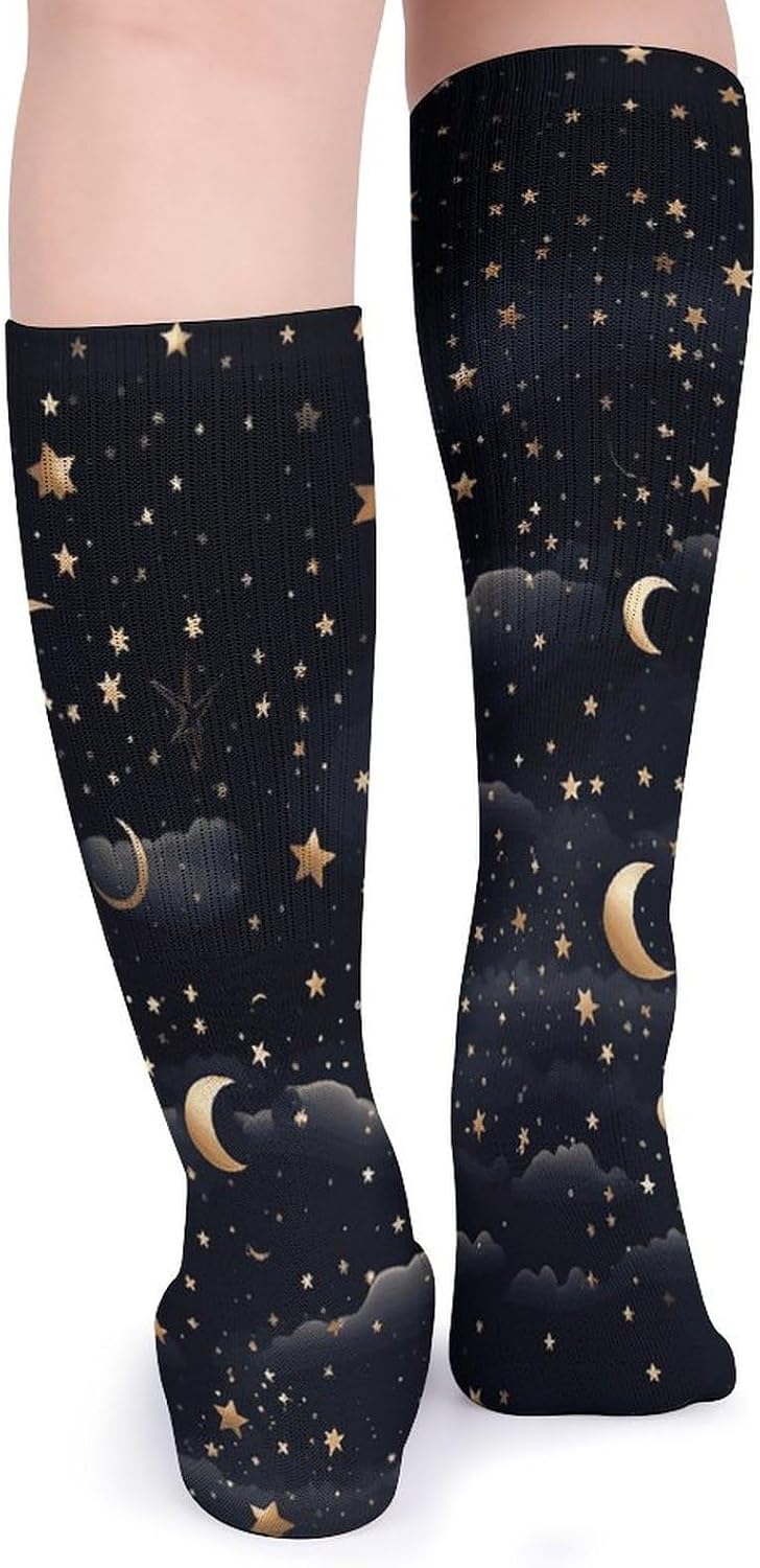 Super Value Fashion Large Chemical Fiber Men's And Women's Breathable Stars And Moon on Dark Background Printed Stockings 5 Pairs of Super Soft Non-binding Moisture Wicking Christmas Socks 15.7 in