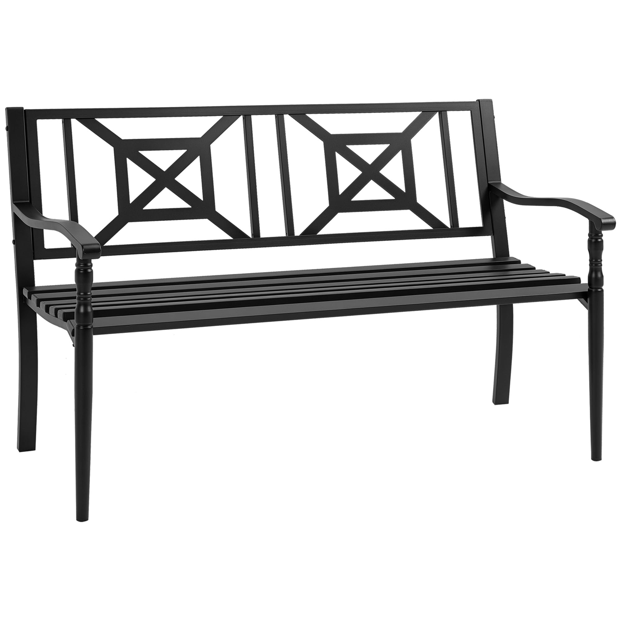 Outsunny Banc de Jardin 2 Places Banquette extérieur terrasse Patio Dossier Haut Assise à Lattes accoudoirs Confortables Acier 128 x 62,​5 x 81,​5 cm Noir