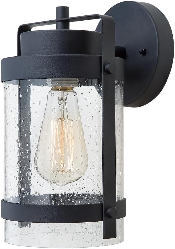 LALUZ 1-Light Wall Sconce, Outdoor Lighting for Porch, Patio, Courtyard, Garden, Black Finish with Seeded Glass Shade