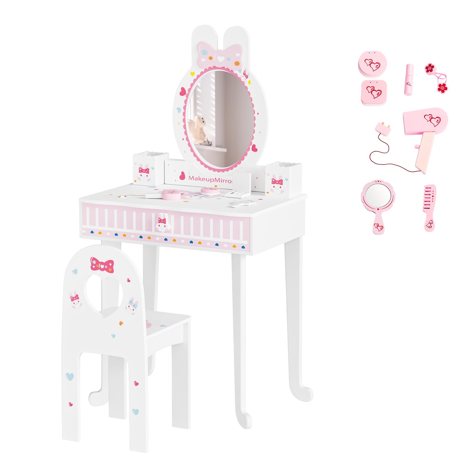 Bonnlo Coiffeuse pour Enfants 106cm, avec Miroir et Tabouret, Coiffeuse Enfant Fille avec Accessoires, Bureau 2 en 1 (Blanc)
