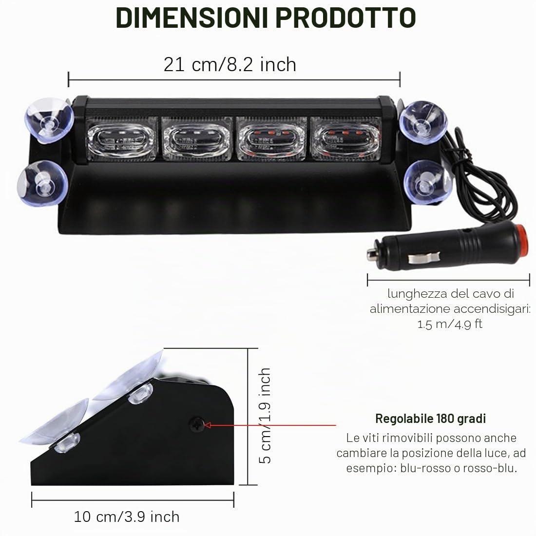 Luce stroboscopica di emergenza a LED rosso blu,Luci di sicurezza interne della polizia sul parabrezza con tazze di aspirazione,Luce lampeggiante di emergenza del cruscotto,per auto,autopompe,polizia
