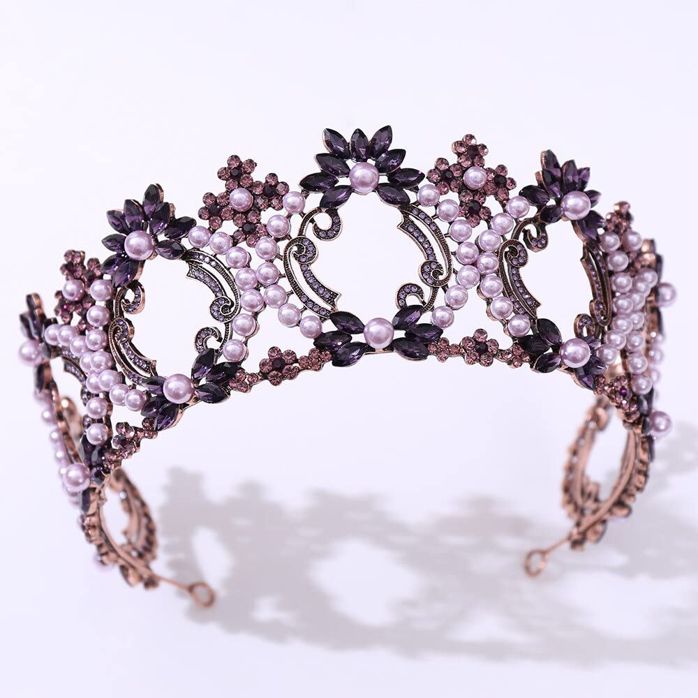 Diamentowa Tiara Brązowa Czarny Fioletowy Kryształowe Perły Okrągłe Diadem Dla Nowożeńców Korona Rhinestone Diadem Panny Młodej Opaski Ślubne Akcesoria Do Włosów