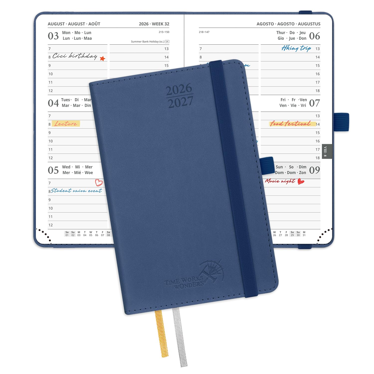 POPRUN 2026-2027 A6 Academic Pocket Diary Week to View Small PU Leather Cover (16x10.5 cm) 17 Months (Aug'26 - Dec'27), 26/27 Mid Year Weekly Planner(Navy blue)