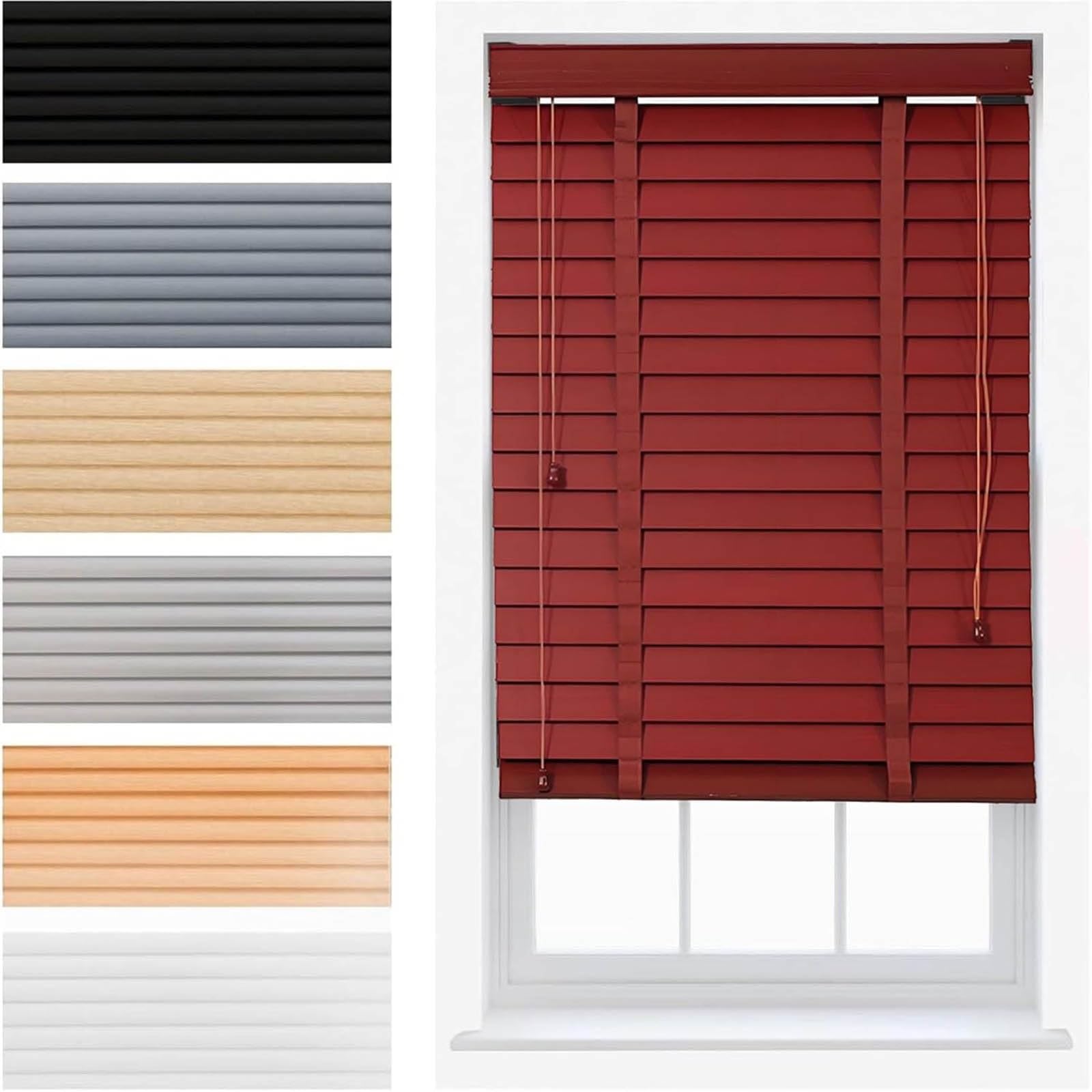 2" Slats Light Filtering Blinds for Indoor Windows 40 65 100 125 140 155 cm Waterproof Wooden Horizontal Wood Venetian Blind & Cordless Faux Wood Window Shades for Home and Office(Red)