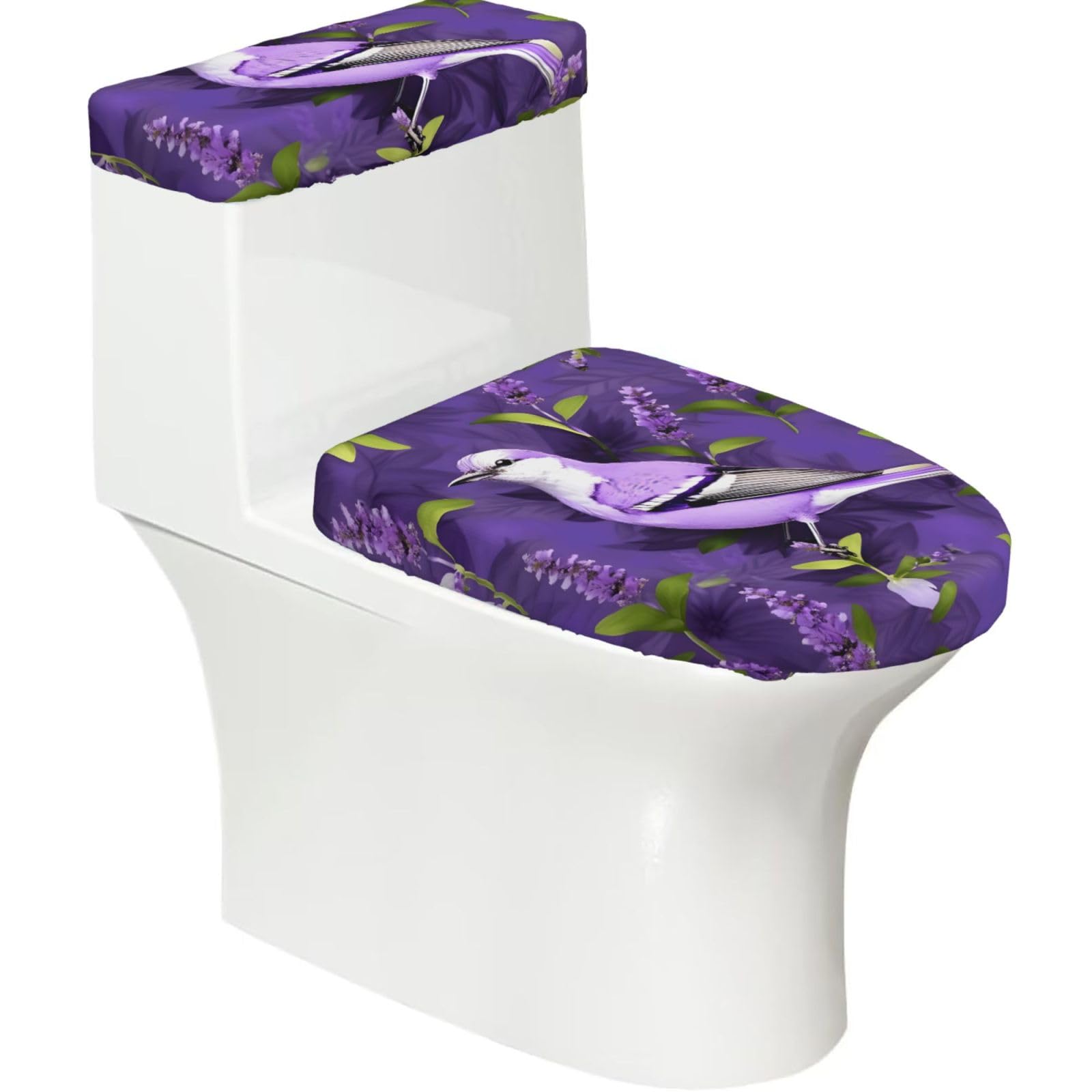 Bird in Purple Lavender Floral Flowers Printed Toilet Tank and Lid Cover Set of 2 for Most Bathrooms, Fits Elongated Round Toilets