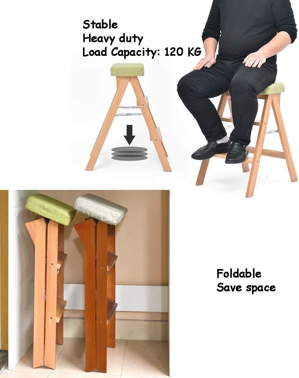 Escalera de Tijera/Escalera/Silla Plegable de 3 peldaños, Silla salvaescaleras de Madera Taburete extendido Cojines de Asiento Taburete Alto para Herramientas de jardín Altura 65 cm Uso Inte