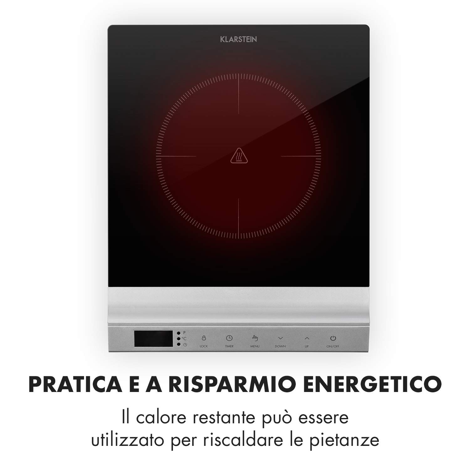 Klarstein MisterCook Piastra di cottura a infrarossi, livelli di potenza e temperatura, timer, comando touch, protezione da surriscaldamento e sovratensione, 1 zona di cottura, 2000 watt, argento