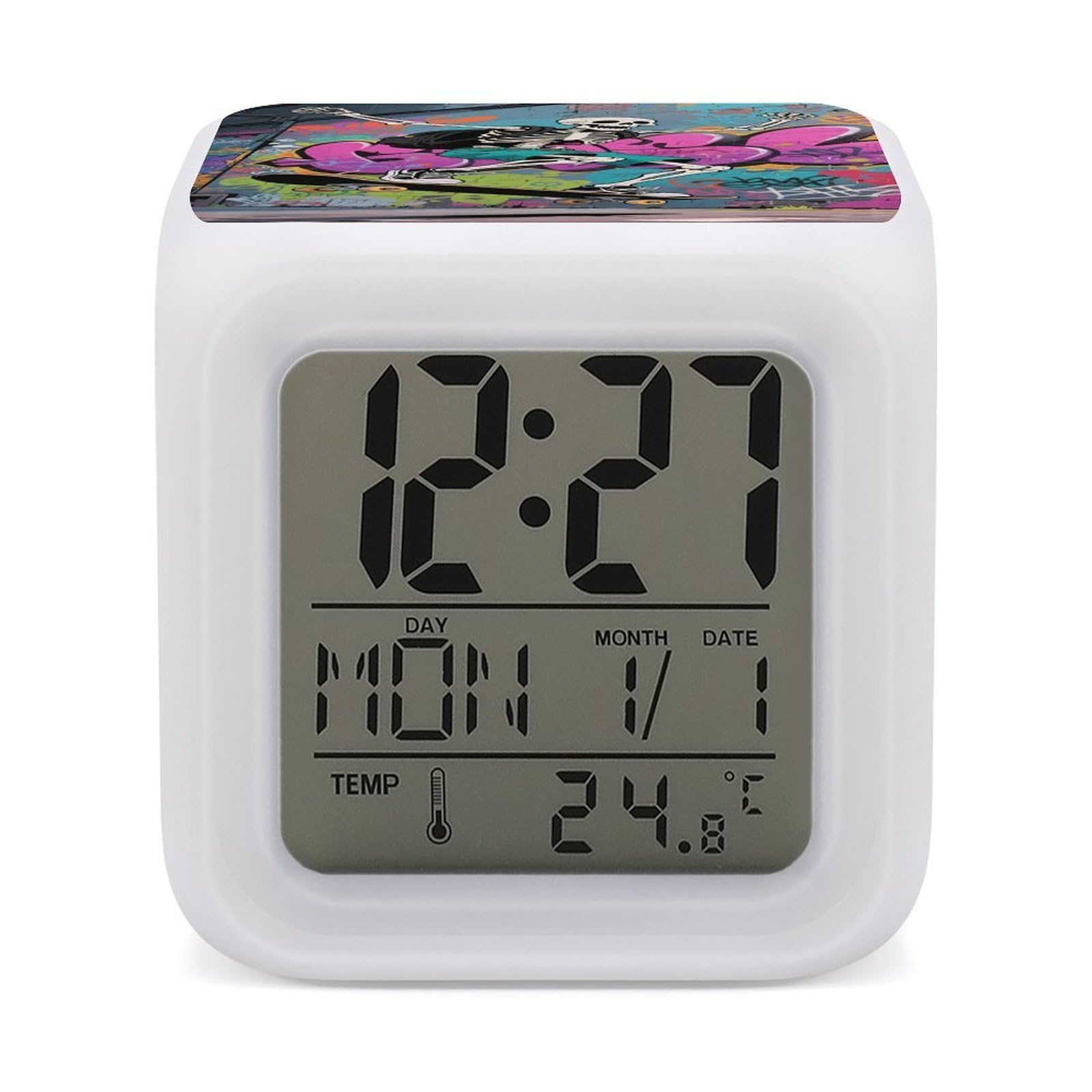 VstaDank Skateboard Skeleton Skull Alarm Clock Temperature Display 7 Color-Changing Alarm Clock Fashion LED Screen Mini Clocks Loud Wake Up Digital Clocks for Office Bedroom Heavy Sleepers