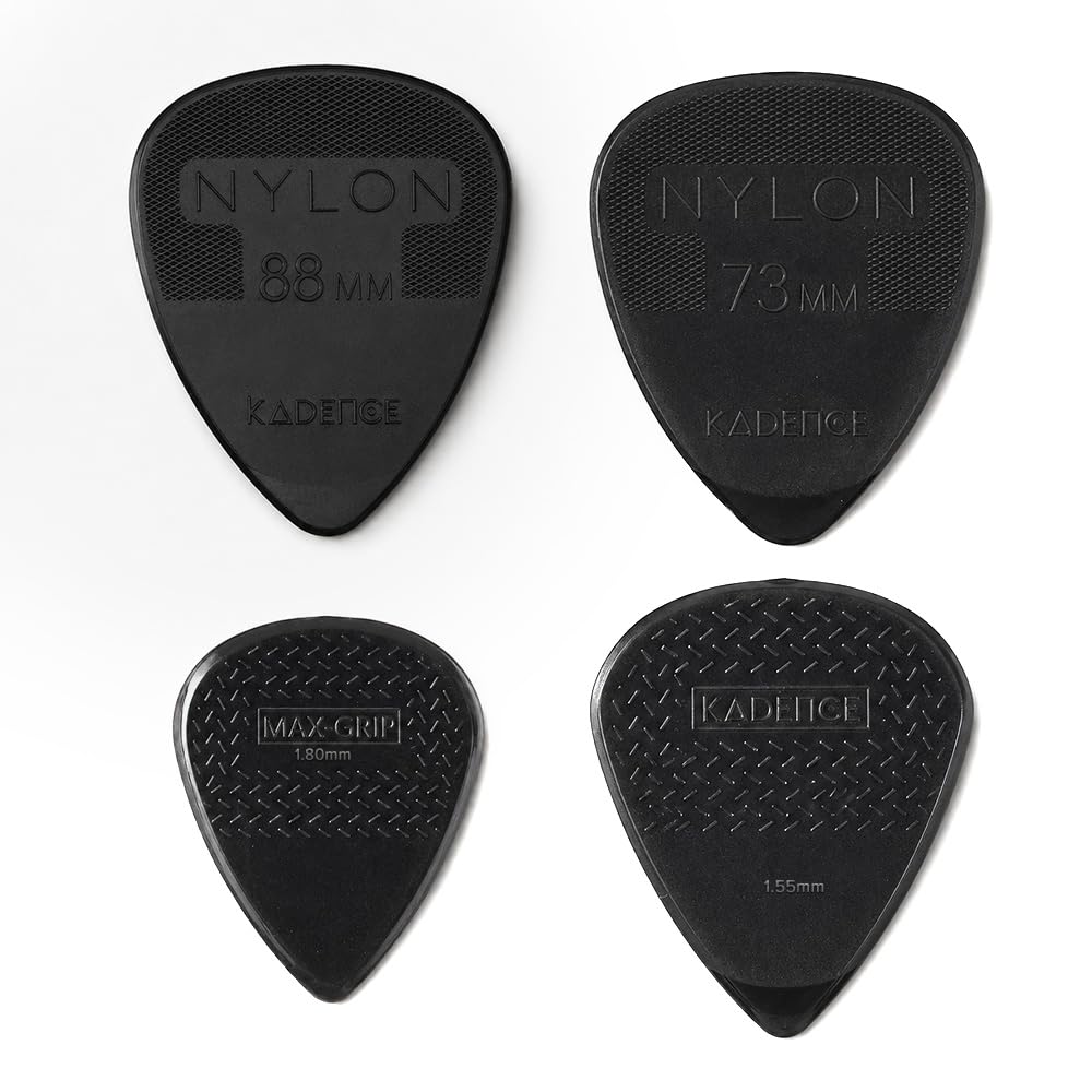 Kadence NG4 Nylon Guitar Picks (Pack of 4) | 0.73, 0.88, 1.55 & 1.80mm Plectrums | Anti-Slip Grip for Precision Control | For Acoustic, Electric & Bass Guitars | Black-image-41