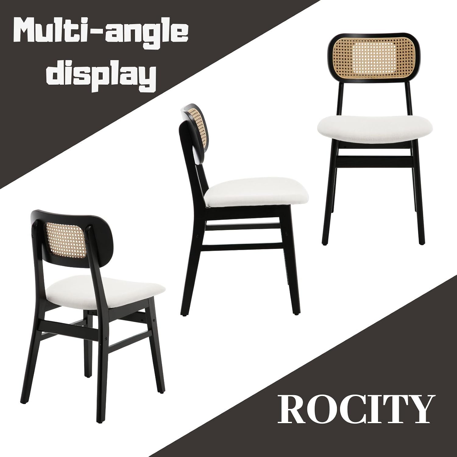 ROCITY Rattan Dining Chairs Set of 2 Black Linen Fabric Dining Room Chairs Natural Wooden Kitchen Chairs Farmhouse Boho