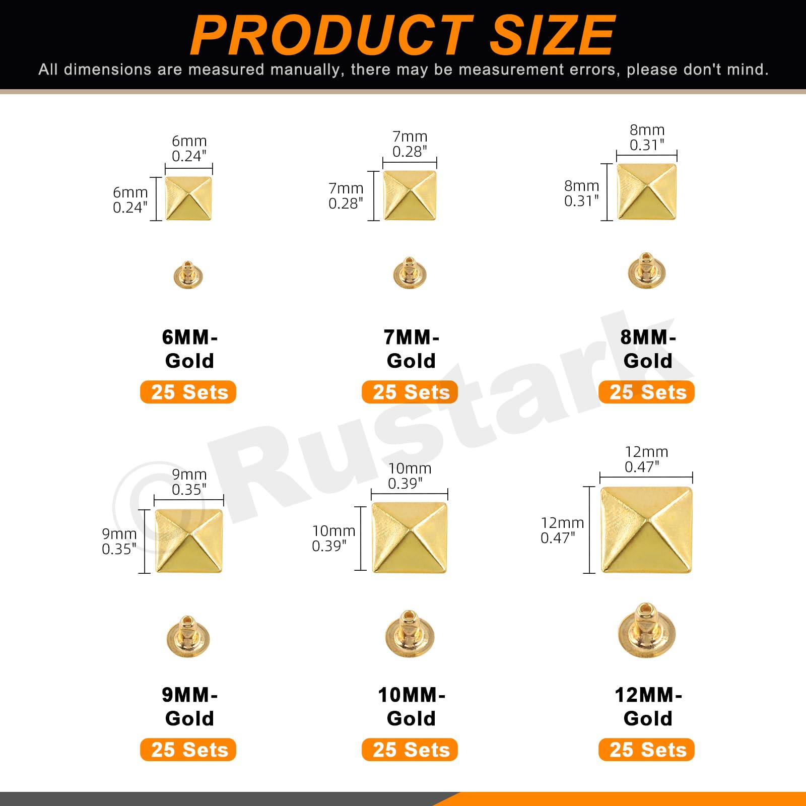 Rustark 150 Sets 6 Sizes 6mm 7mm 8mm 9mm 10mm 12mm Gold Pyramid Rivet Square Leather Rivets Kit Metal Studs Pyramid Rapid Rivet Studs Assortment Kit for DIY Leather Craft Decorations - Image 2